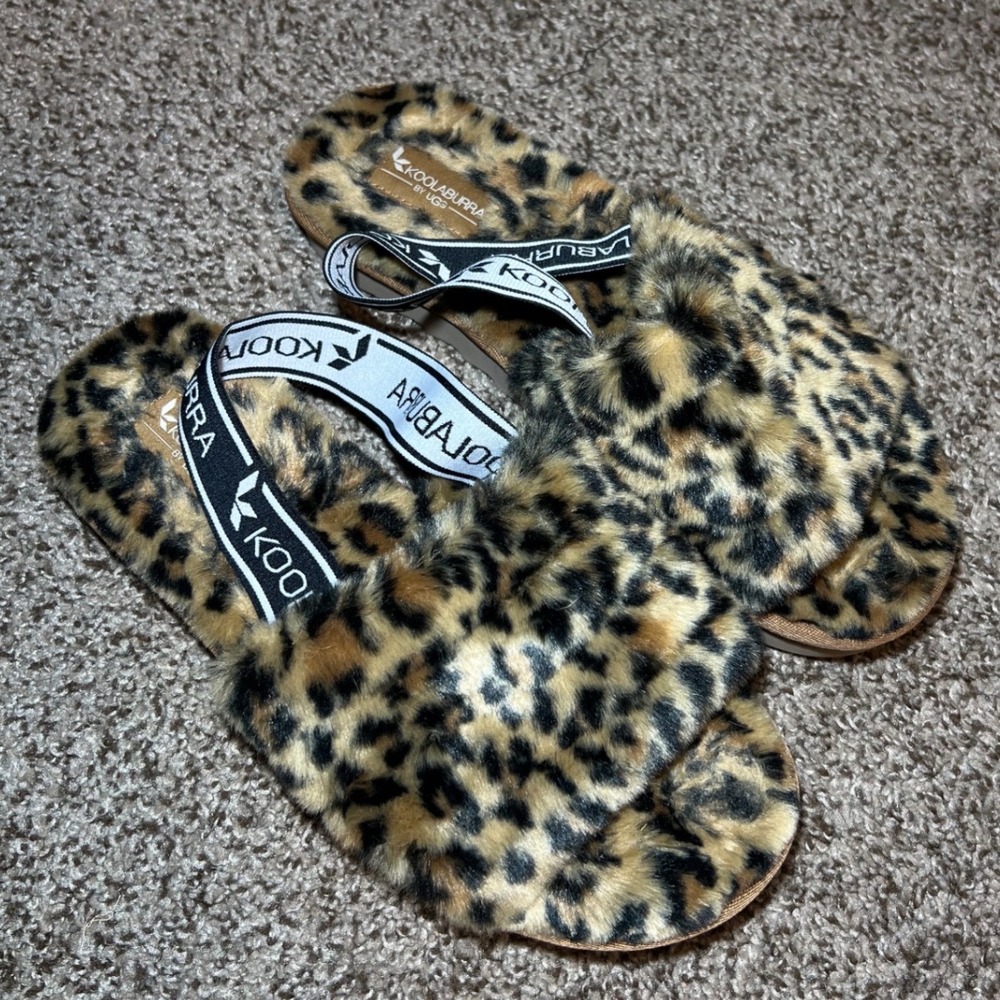 Koolaburra by UGG Leopard Faux Fur Slides Sandals Cozy Lounge Slippers Womens 9